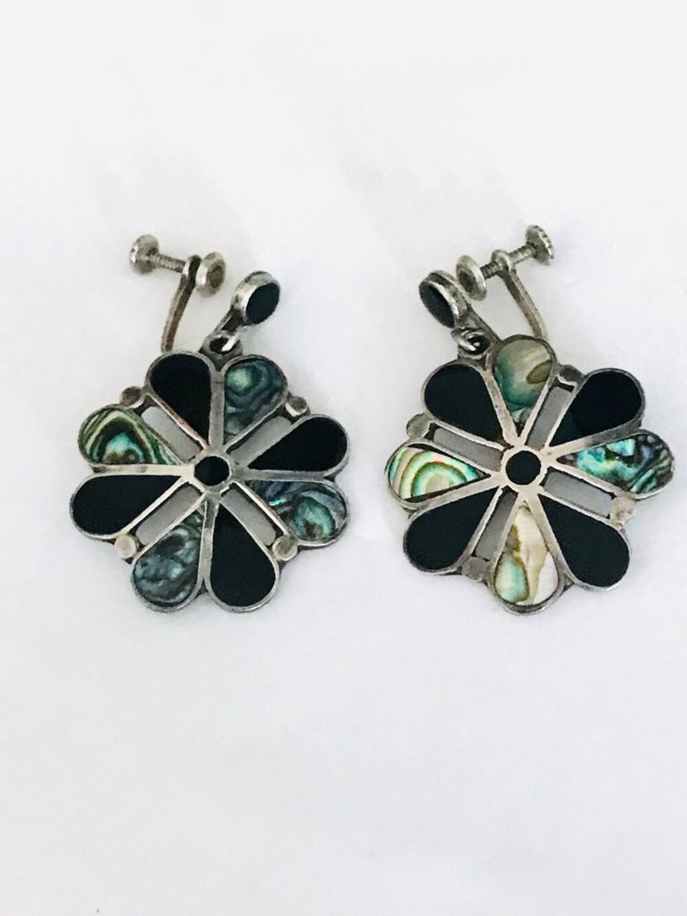 Vintage Ocampo Mexico Earrings Onyx Abalone Flowers 925 Sterling Screwback